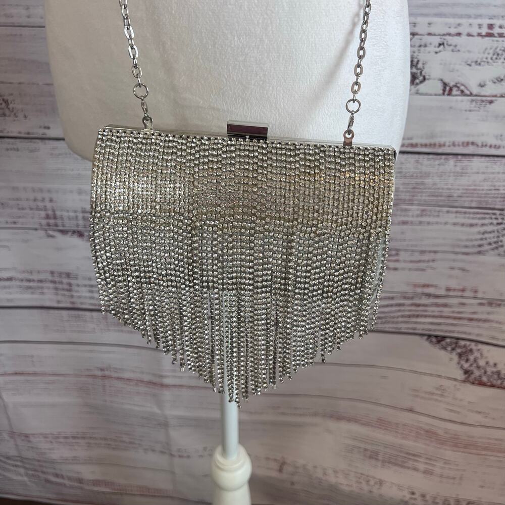 I.N.C. Silver Rhinestone Cascading Fringe Evening Clutch Bag
